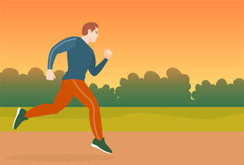 guy or man in sportswear jogging, running in the fresh air. Landscape with forest or park on the background of jogging road. Sports vector illustration, outdoor sport concept
