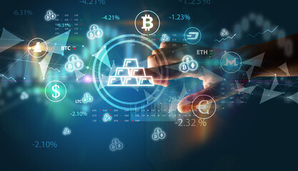 Business person hand pushing currency symbol on multimedia touch screen