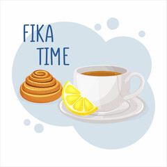 Cup of coffee or tea and kanelbulle. Coffee break fika concept. Isolated hand drawn vector illustration of cute breakfast food.