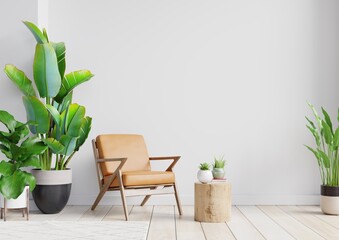 Modern interior room with nice furniture with leather armchair on empty white wall background.