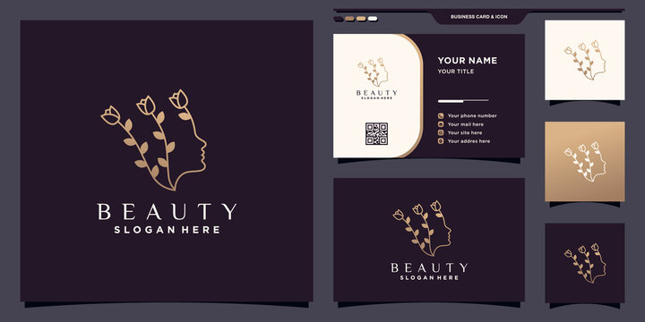 Beauty woman face logo with flower in line art style and unique concept. icon beauty logo and business card design Premium Vector
