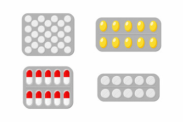 Blister with pills for illness and pain treatment. Medical drug package for tablet: vitamin, antibiotic, aspirin. Mock-up of packaging cartoon style.