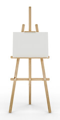 One wooden easel with canvas on white background, isolated, 3d rendering