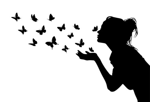 Pretty girl black silhouette with many butterflies flying from her hand.Woman profile stencil drawing.Beautiful lady vector decor.Vinyl wall sticker decal.Plotter laser cutting. DIY. White Background.