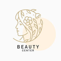 Woman face and flower with leafs logo, label, badge, emblem. Beauty center sign for cosmetics, jewellery, beauty and handmade products, tattoo studios. Linear trendy style. Vector illustration