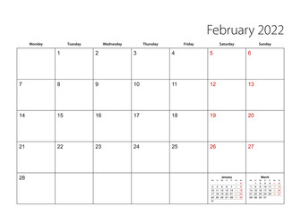 February 2022 simple calendar planner, week starts from Monday.