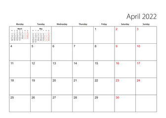 April 2022 simple calendar planner, week starts from Monday.