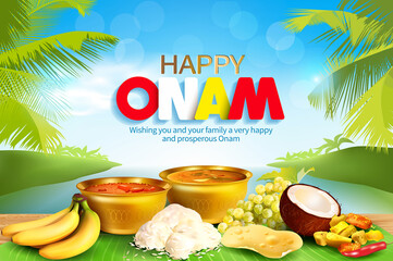 Happy Onam background with traditional food (sadya) served on banana leaf for South India harvest festival. Vector illustration.