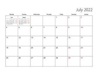 July 2022 simple calendar planner, week starts from Monday.