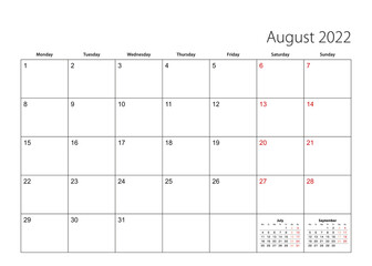 August 2022 simple calendar planner, week starts from Monday.