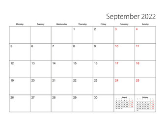 September 2022 simple calendar planner, week starts from Monday.