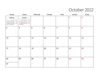 October 2022 simple calendar planner, week starts from Monday.