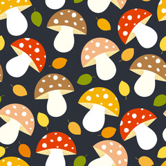 Seamless pattern with mushrooms and autumn leaves. Vector illustration. It can be used for wallpapers, wrapping, cards, patterns for clothes and other.