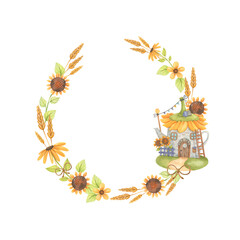 Cute wreath with watercolor cute houses in a teapot with sunflower, yellow flowers with leaves, sunflowers and ears for fabric design, scrapbooking paper, wallpaper and logos, business cards