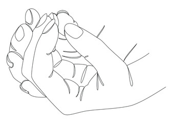 Silhouettes of human hands folded into a castle, in a modern one line style. Continuous line drawing, aesthetic outline for home decor, posters, wall art, stickers, logo. Vector illustration.