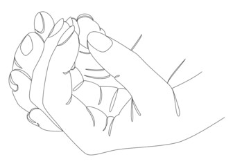 Silhouettes of human hands folded into a castle, in a modern one line style. Continuous line drawing, aesthetic outline for home decor, posters, wall art, stickers, logo. Vector illustration.