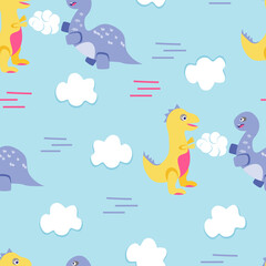 Dinosaurs playing in the clouds seamless pattern