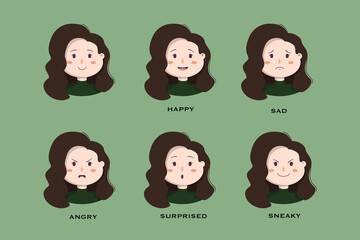 Illustration set of young female character with different emotions on a green background. Happy, Sad, Angry, Surprised, Sneaky. Idea for stickers, avatars. Flat vector design. 
