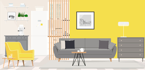 A living room with a yellow wall and a bright armchair connected to the kitchen.