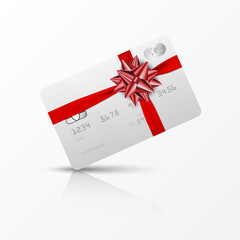 White credit cart with red bow and ribbon, vector illustration