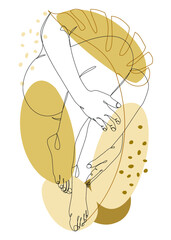 Silhouettes of legs and hands of a girl and leaves of a plant in a modern one-line style. Solid line, aesthetic outline for home decor, posters, stickers, logo. Vector illustration.