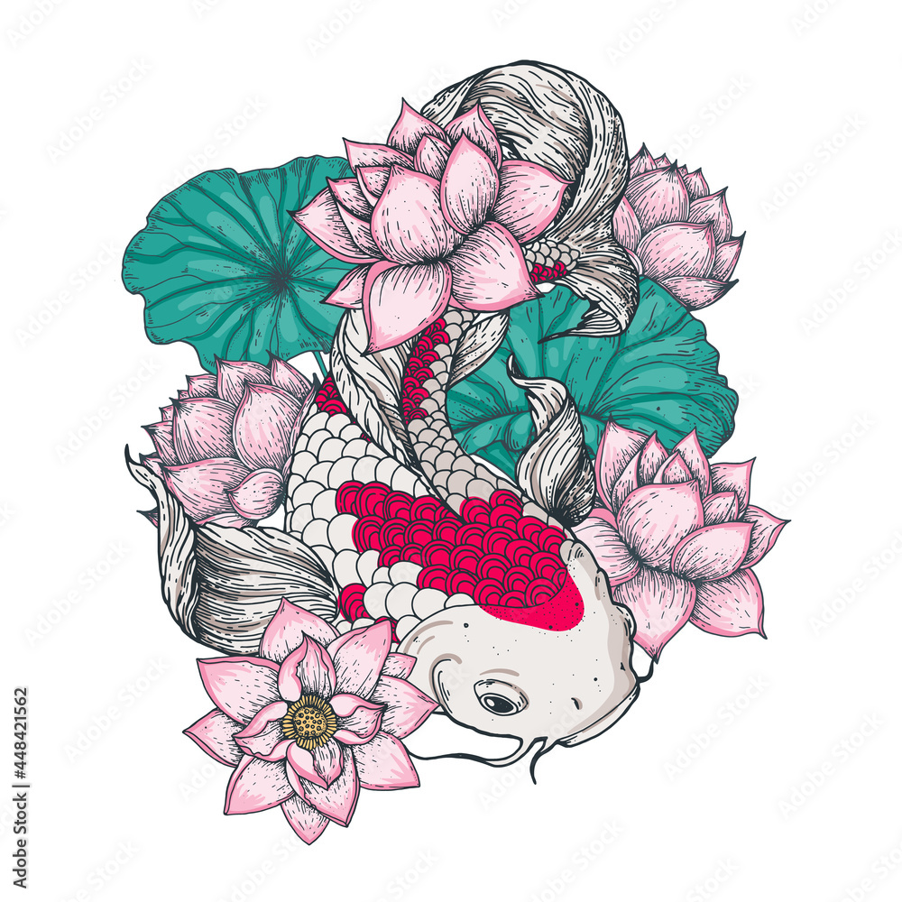 Wall mural koi carp with water lilies flowers. vector illustration. tattoo print. hand drawn illustration for t