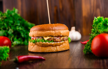 Burger with meat onions and herbs