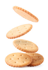 Round crackers fall on a heap on a white background. Isolated