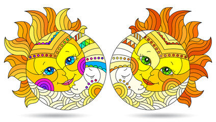 Fototapeta premium A set of illustrations in the style of a stained glass window with the sun and moon isolated on a white background