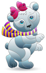 An illustration in the style of a stained glass window with a cute cartoon bear, the animal is isolated on a white background