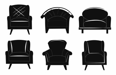 A set of black stylish classic and loft armchairs. Room interior, furniture. All objects are isolated and can be moved.