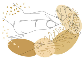 Silhouettes of human hands, applause, in a modern style one line and plant leaves. Continuous line drawing, outline for decor, posters, wall art, stickers, logo. Vector illustration.