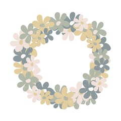 Bright beautiful wreath of flowers isolated on a white background. Decorative round frame in neutral colors. Unique design for greeting cards, banners, flyers. Vector. Hand-drawn.
