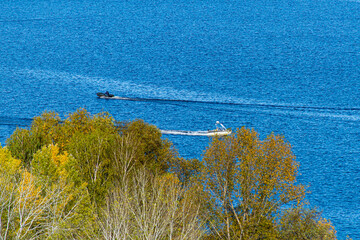 Fisherman boats on Dnieper river near Stayky, Kyiv district, autumn