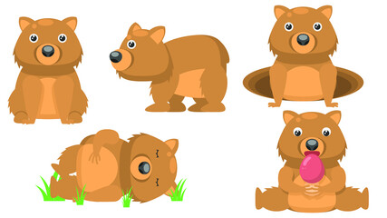 Fototapeta premium Set Abstract Collection Flat Cartoon Different Animal Wombat Sleep, Is Sitting, Eating Mushroom, Peeps Out Of The Hole Vector Design Style Elements Fauna Wildlife