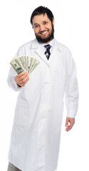 a man, a doctor in a white coat holding a fan of dollars and smiling