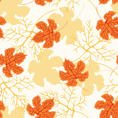 Seamless background with bright, autumn maple leaves. Vector illustrations for wallpaper design, fabric, tiled printing, decor, packaging, linen products, trendy decoration materials