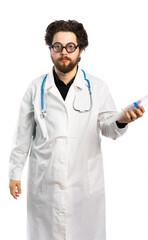 man, a doctor in a white coat and round glasses holding a large syringe. funny medic