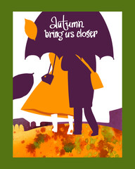 A walk of two under an umbrella. Autumn landscape, watercolor texture. Drawing for a card, poster, banner, background