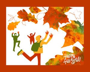 children play  with falling leaves, happy, cheerful, showering themselves with leaves, jumping, rejoicing. Drawing for a poster, card, background, banner