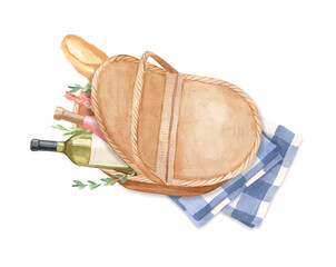 Picnic basket with snacks, food, bottle of wine, baguette. Watercolor hand painted illustration.