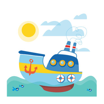 Cartoon cute steamer floats in the sea. Children s illustration of sea transport. Vector baby ship print