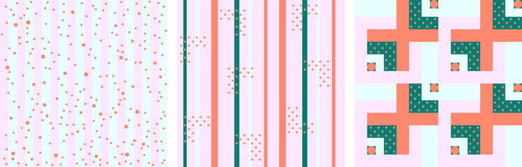 Set of Vector seamless pattern with stripes, polka dots, square, lines in gentle tone as terra cotta orange, emerald green and pale Pink lavender. Pastel trendy color geometry background. Summer print