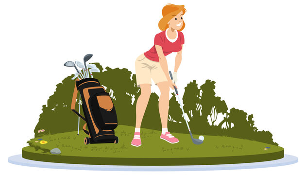 Golfer girl wants to hit ball. Illustration for internet and mobile website.