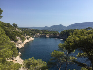 Fototapeta na wymiar The Calanque de Port-Miou is one of the three big Cassis calanques. It is very long and narrow, and thus was very suitable for establishing a marina. It is located in Southern France.