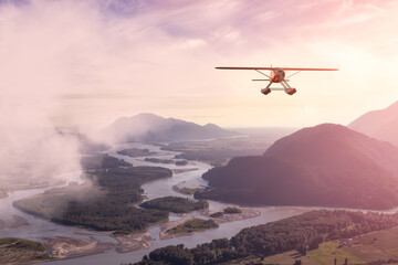 Fototapeta na wymiar Adventure Composite Image of 3D CGI Seaplane flying over Fraser Valley in British Columbia, Canada. Summer Sunset Art Render.