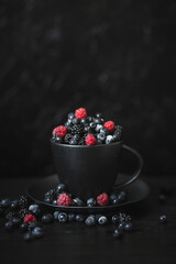 blackberries, blueberries, raspberries, fresh berries, black background, vegetarian food