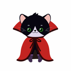 Cute black kawaii cat in cloak for Halloween isolated on white background. Vector illustration. Cartoon flat style