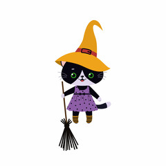 Cute black kawaii cat in hat for Halloween isolated on white background. Cartoon flat style. Vector illustration