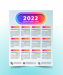 Year 2022 horizontal vector calendar design template, simple, clean and elegant design. Calendar for 2021 on White Background for branding and business advertising. Week Starts on Monday.
